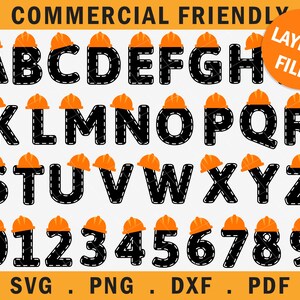 Pu&ograve; includere: Alfabeto e numeri neri e arancioni con un design a forma di cappello da operaio edile. Le lettere e i numeri sono contornati da una linea tratteggiata nera. L'immagine include il testo "COMMERCIAL FRIENDLY" e "LAYERED FILES".