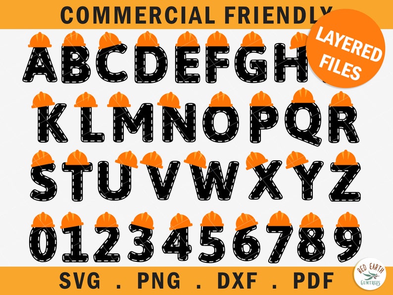 Pu&ograve; includere: Alfabeto e numeri neri e arancioni con un design a forma di cappello da operaio edile. Le lettere e i numeri sono contornati da una linea tratteggiata nera. L'immagine include il testo "COMMERCIAL FRIENDLY" e "LAYERED FILES".