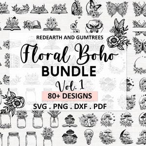 Lot floral bohème SVG | Fleur svg pot Mason, floral livre ouvert svg, papillon foral SVG, floral champignon SVG | Clipart fleur bohème svg