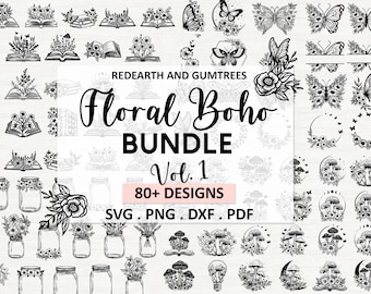 Könnte beinhalten: Schwarz-weiße florale und botanische Illustrationen, darunter Schmetterlinge, Pilze, Gläser, Bücher und Monde. Der Text "Floral Boho Bundle Vol. 1 80+ Designs SVG. PNG. DXF. PDF" wird auf einem rosa Hintergrund angezeigt.