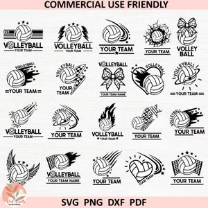May include: A selection of black and white volleyball-themed SVG, PNG, DXF, and PDF designs. Each design features a volleyball with various graphic elements, including stars, wings, and flames. Text includes "VOLLEYBALL" and "YOUR TEAM".