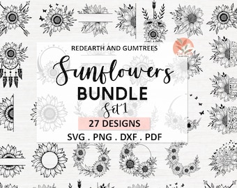 Pode incluir: Um conjunto de 27 desenhos de girassóis em preto e branco. Os desenhos incluem coroas, apanhadores de sonhos e girassóis individuais. O texto "Sunflowers Bundle Set 1 27 Designs SVG. PNG. DXF. PDF" está na parte inferior da imagem.
