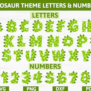 Letras y números con manchas y púas para fiesta de cumpleaños con temática de dinosaurios, calcomanía de vinilo con letras del alfabeto y números de dinosaurio T-Rex SVG, PNG, DXF, PDF