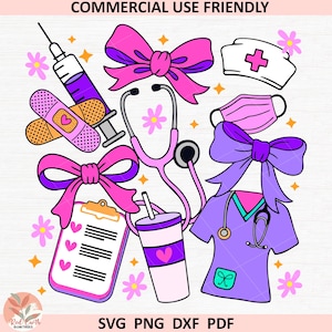 Puede incluir: Ilustraciones con temática médica en morado, rosa y blanco. Incluye un estetoscopio, una jeringa, vendas, un gorro de enfermera, una mascarilla, un uniforme, una carpeta y un vaso. También está presente el texto "COMMERCIAL USE FRIENDLY" y "SVG PNG DXF PDF".