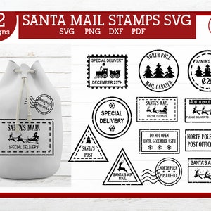 Kerstman post postzegels, noordpool postzegels, kerst postzegels, kerstman zak stempels svg, pdf, eps, dxf voor de cricut, silhouette cameo, sticker