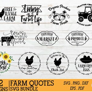 May include: A set of 32 farm-themed SVG designs, perfect for crafting projects. The designs feature various farm animals, plants, and text, such as "Free Range Farm", "Living That Farm Life", "Farm Fresh Produce", and "Bless Our Nest".