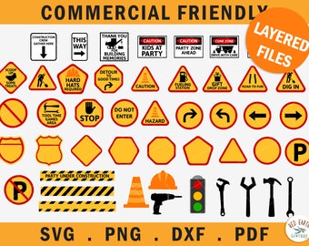 Im Bau Geburtstag Thema, Straßenschilder bündeln SVG, Bau Thema Party Essen Schilder bündeln svg, Bauwerkzeuge svg, Lastwagen svg
