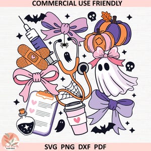 May include: A Halloween-themed illustration with medical and spooky elements. It features a stethoscope, syringe, bandages, pumpkins, ghosts, bows, bats, skulls, and a coffee cup. The image has the text "COMMERCIAL USE FRIENDLY" at the top and "SVG PNG DXF PDF" at the bottom.