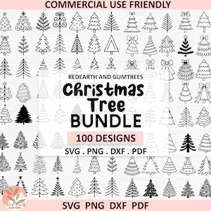 May include: A black and white Christmas Tree Bundle graphic with 100 designs. The image includes various tree illustrations, the text "Christmas Tree Bundle", and file type information: SVG, PNG, DXF, and PDF.