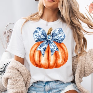 Herfstchinoiseriepompoen png, blauwe bloemenpompoen png-sublimatie, Thanksgiving png, blauwe pompoenstrik, herfstpompoen, herfstpompoen png