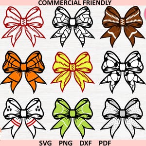May include: Nine colorful bow designs, each with a unique sports theme. The bows feature baseball, football, soccer, and tennis ball patterns. The image includes the text "COMMERCIAL FRIENDLY" and file type options: SVG, PNG, DXF, and PDF.