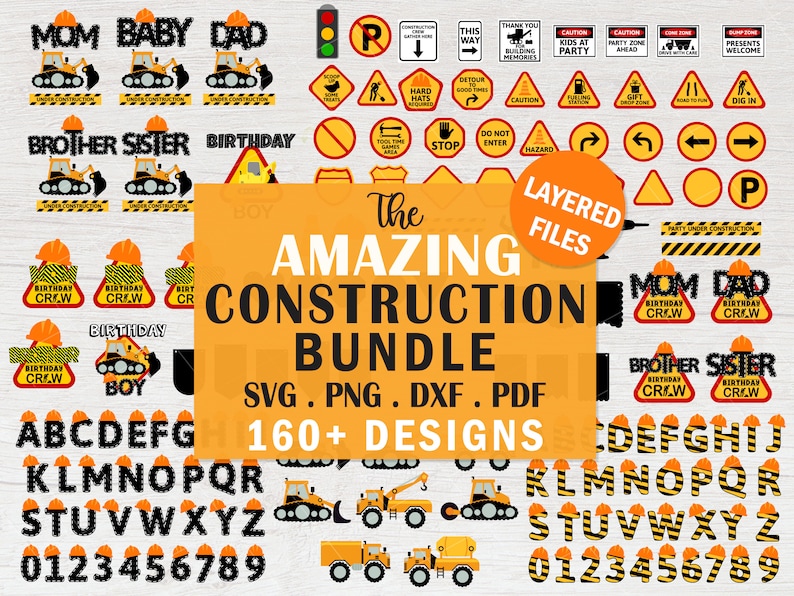 Pu&ograve; includere: Un set di oltre 160 design a tema edile in formato SVG, PNG, DXF e PDF. I design presentano una variet&agrave; di immagini legate all'edilizia, tra cui strumenti, veicoli e cartelli. I design sono perfetti per creare progetti personalizzati, come inviti, decorazioni per feste e artigianato.