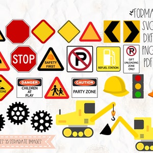 Thème d'anniversaire en construction, panneau de signalisation, équipement, camion SVG (superposition), PNG, DXF pour cricut, studio de silhouette, autocollant vinyle, conception de t-shirt