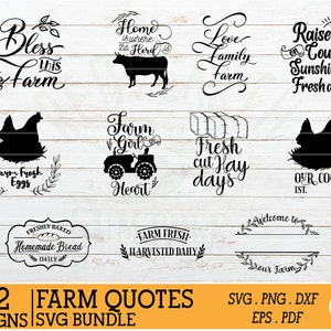 May include: A set of 32 SVG designs featuring farm-themed quotes. The designs include phrases like "Bless this farm", "Farm Fresh Eggs", "Farm Girl Heart", "Fresh cut Hay days", "Love Family Farm", "Raised on Country Sunshine & Freshair", "Welcome to our Farm", and "Homemade Bread Daily".