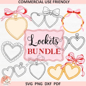 May include: A selection of heart-shaped lockets, some with bows and ribbons, others with open and closed designs. The image features the text "Lockets Bundle" and file type information.