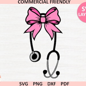 May include: A black stethoscope design with a pink bow at the top. The image is a vector graphic, suitable for various applications. The words "COMMERCIAL FRIENDLY" and "SVG LAYERED" are also present.