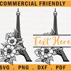 Tour Eiffel svg, svg floral Tour Eiffel, cadre monogramme Tour Eiffel svg, fleurs de la Tour Eiffel divisées monogramme cadre svg, cadre monogramme Paris