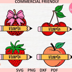 Pacote de molduras com monograma de maçã Coquette SVG, monograma de pêssego para professora, SVG de volta às aulas, moldura de monograma de lápis, sublimação escolar de cereja