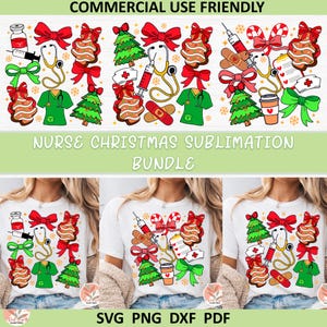 Può includere: Un pacchetto di design digitale con elementi natalizi e medici. Include illustrazioni di siringhe, stetoscopi, biscotti di pan di zenzero, alberi di Natale, fiocchi e camici. Il testo recita "Nurse Christmas Sublimation Bundle" e "Commercial Use Friendly".