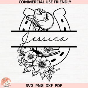 May include: Black and white graphic design featuring a cowboy hat, horseshoe, and boots, with the name "Jessica" in cursive. Floral accents are included. Text at the top reads "COMMERCIAL USE FRIENDLY" and at the bottom "SVG PNG DXF PDF".