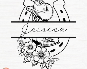 Puede incluir: Diseño gráfico en blanco y negro con un sombrero de vaquero, una herradura y botas, con el nombre "Jessica" en cursiva. Se incluyen elementos florales. El texto en la parte superior dice "COMMERCIAL USE FRIENDLY" y en la parte inferior "SVG PNG DXF PDF".