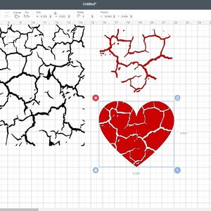 May include: A red heart-shaped design with a cracked pattern, created in a digital design program. The design is 6.125 inches wide and 6.125 inches tall.