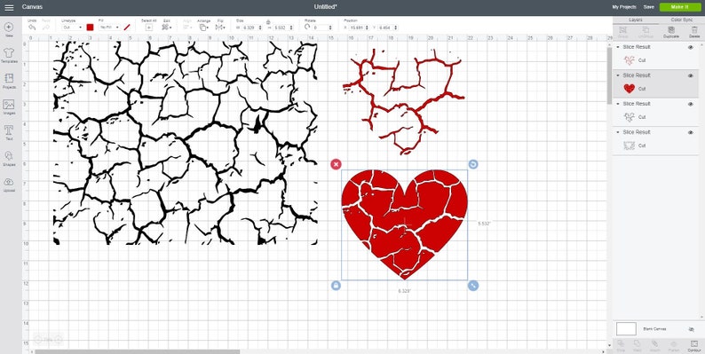 May include: A red heart-shaped design with a cracked pattern, created in a digital design program. The design is 6.125 inches wide and 6.125 inches tall.