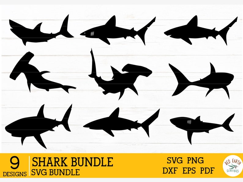 Puede incluir: Un conjunto de nueve dise&ntilde;os de tiburones en silueta negra en formato SVG. Los dise&ntilde;os incluyen un tibur&oacute;n martillo, un gran tibur&oacute;n blanco y un tibur&oacute;n tigre. El texto "9 DESIGNS SVG BUNDLE" y "SHARK BUNDLE" est&aacute; en la parte inferior de la imagen. El texto "SVG PNG DXF EPS PDF" est&aacute; en la parte inferior derecha de la imagen.