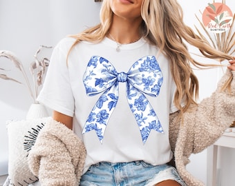 Coquette Chinoiserie Bow png, Toile De Jouy Coquette bow sublimation,Blue floral Willow png, Grandmillenial, trendy preppy bow png aesthetic