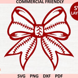 May include: Red and white baseball-themed bow with stitching detail.  SVG layered file.