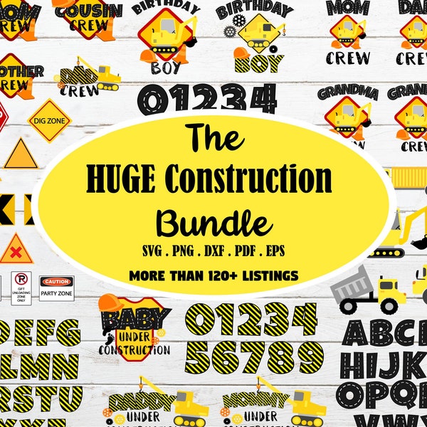 Huge Construction birthday bundle svg, under construction elements svg, truck bundle, digger truck svg,excavator truck, birthday crew svg