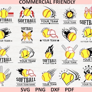 Könnte beinhalten: Ein Set mit 16 Softball-SVG-Designs mit verschiedenen Softball-Motiven, darunter ein Softball mit Flügeln, ein Softball mit einem Herzen, ein Softball mit einer Schleife und ein Softball mit einer Flamme. Die Designs sind perfekt für die Erstellung von personalisierten T-Shirts, Tassen und anderen Bastelarbeiten.