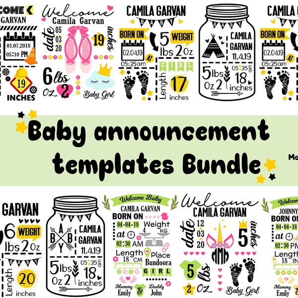 Huge Baby announcement chart templates bundle svg, baby stats chart template svg,baby birth template SVG, PNG, DXF, Pdf, Eps  for cricut