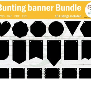 Pu&ograve; includere: Un set di 18 forme di bandiera nera per l'artigianato. Le forme includono cuori, cerchi, stelle, ottagoni, triangoli e diamanti. Il testo "18 Listings Included" &egrave; visibile nell'immagine.