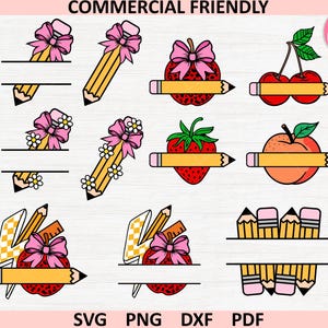 Pacote de molduras de monograma de volta às aulas SVG PNG, lápis coquete maçã svg, professor retrô SVG, lápis coquete svg, escola maçã Sublimação png