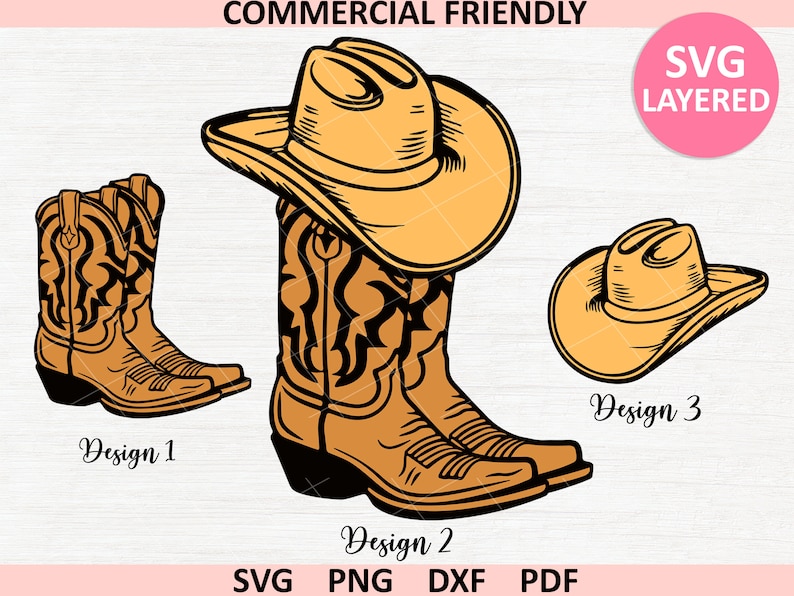 May include: Three layered SVG designs featuring a cowboy hat and cowboy boots. Design 1 shows a pair of brown cowboy boots with black stitching. Design 2 shows a pair of brown cowboy boots with black stitching and a brown cowboy hat. Design 3 shows a brown cowboy hat.