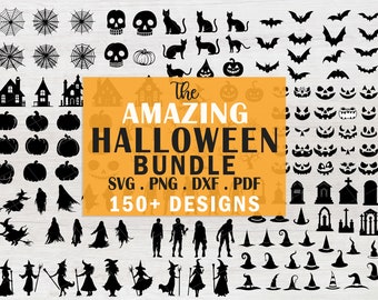 May include: A collection of black Halloween-themed vector graphics, including spiderwebs, skulls, cats, bats, haunted houses, pumpkins, witch silhouettes, and more. The image includes the text "The AMAZING HALLOWEEN BUNDLE" with file format details.