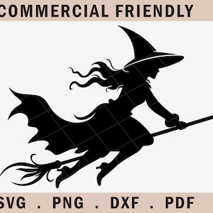 Flying Witch silhouette ona a broom SVG cut file, silhouette of witch svg, Halloween witch on a broom flying svg, Halloween witch on a broom