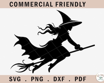 Flying Witch silhouette ona a broom SVG cut file, silhouette of witch svg, Halloween witch on a broom flying svg, Halloween witch on a broom
