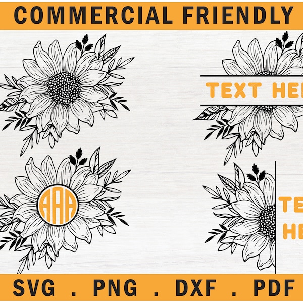 Sunflower SVG Bundle, Sunflower SVG, Flower bundle Svg, Sunflower Monogram Svg, Half Sunflower Svg, Sunflower split monogram frame Svg File