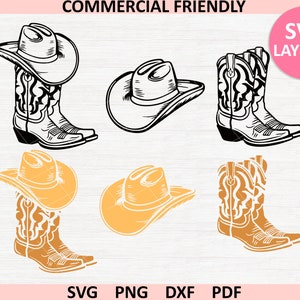May include: A digital design file for a layered SVG cut file of cowboy boots and hats. The design includes two pairs of boots, one with a brown and orange color scheme and the other with a black and white color scheme. Each pair of boots has a cowboy hat on top. The design is perfect for crafting projects, such as making iron-on transfers, vinyl decals, or paper crafts.
