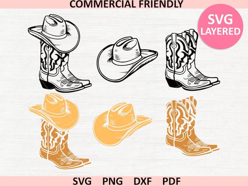 May include: A digital design file for a layered SVG cut file of cowboy boots and hats. The design includes two pairs of boots, one with a brown and orange color scheme and the other with a black and white color scheme. Each pair of boots has a cowboy hat on top. The design is perfect for crafting projects, such as making iron-on transfers, vinyl decals, or paper crafts.