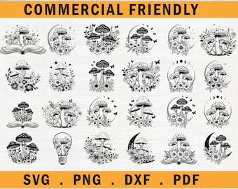 May include: A collection of black and white mushroom illustrations with floral and celestial accents. The designs include mushrooms on open books, inside crescent moons, and surrounded by flowers and butterflies. Text at the top reads "COMMERCIAL FRIENDLY" and at the bottom "SVG . PNG . DXF . PDF".