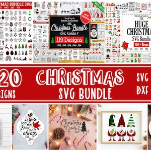 May include: A collection of Christmas-themed SVG designs, including ornaments, gnomes, and holiday phrases. The image features multiple bundles with text that reads "Christmas Bundle" and "420 Designs". Various formats are available, including SVG, PNG, DXF, and PDF.