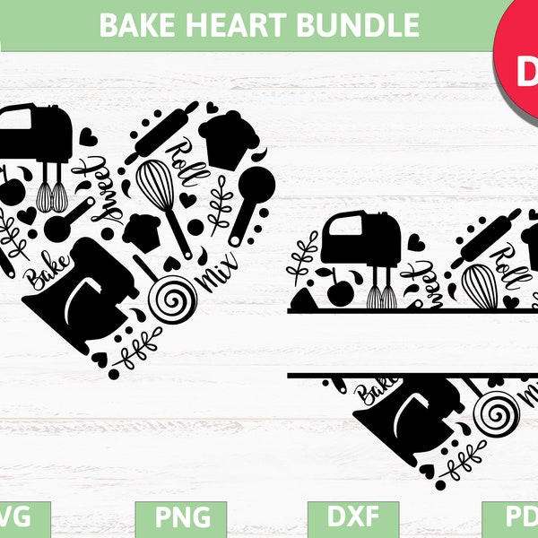 Bake heart split monogram frame, baking, rolling pin SVG, PNG, EPS, Dxf, Pdf cricut, silhouette studio,cut file, vinyl decal, t shirt design