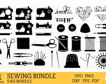 May include: A set of 31 black and white sewing themed SVG cut files. The designs include sewing machines, scissors, spools of thread, needles, thimbles, and more.