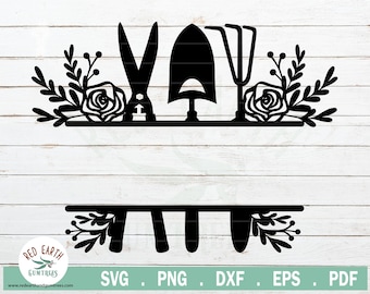 May include: Black and white silhouette of gardening tools, including a trowel, shears, and a rake, with floral accents on either side. The tools are arranged in a horizontal line with a blank space in the middle.