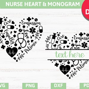 Cadre monogramme divisé coeur infirmière, infirmière, stéthoscope SVG, PNG, EPS, Dxf, Pdf cricut, studio de silhouette, fichier coupé, sticker vinyle, conception de t-shirt