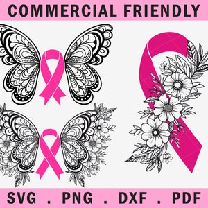Pacchetto SVG cancro al seno, farfalla nastro rosa cancro al seno SVG, consapevolezza del cancro svg, maglietta cancro al seno, pacchetto nastro cancro al seno floreale