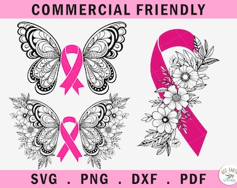 Breast Cancer SVG Bundle,Pink ribbon butterfly breast Cancer SVG,Cancer Awareness svg,Breast Cancer Shirt,floral breast cancer ribbon bundle